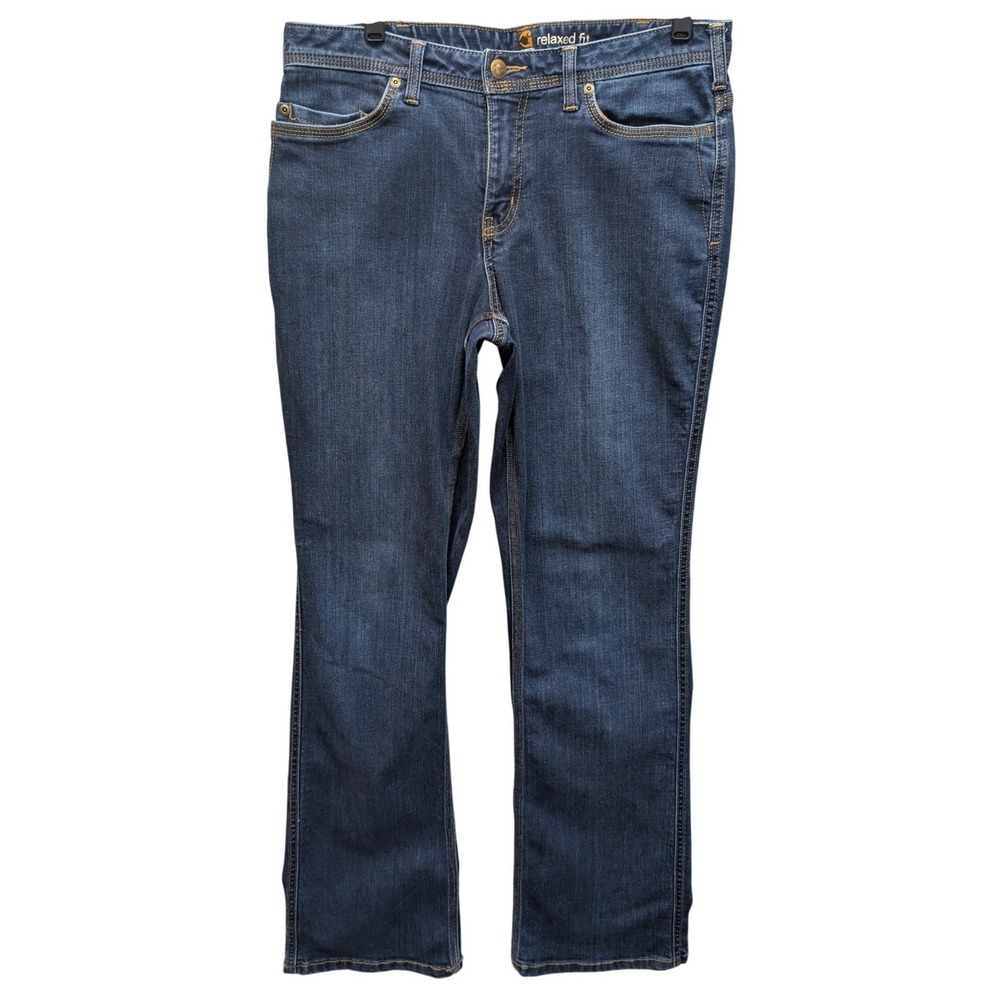 Carhartt Relaxed Fit‎ Jeans Womens 10 Tall Dark Wash Blue Stretch Workwear